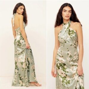 Reformation Veria Silk Floor Length dress in green floral